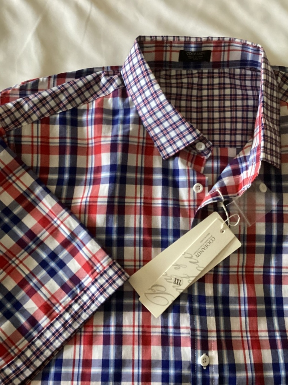 NWT COOFANDY Men Button Down Shirt Red, White, Blue Short Sleeve XXL